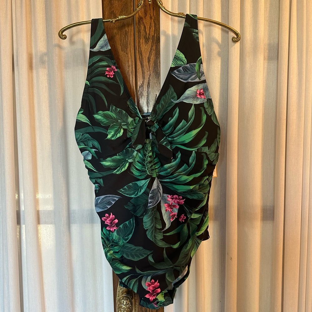 Kona Sol Black Tropical Palm One-Piece Swimsuit